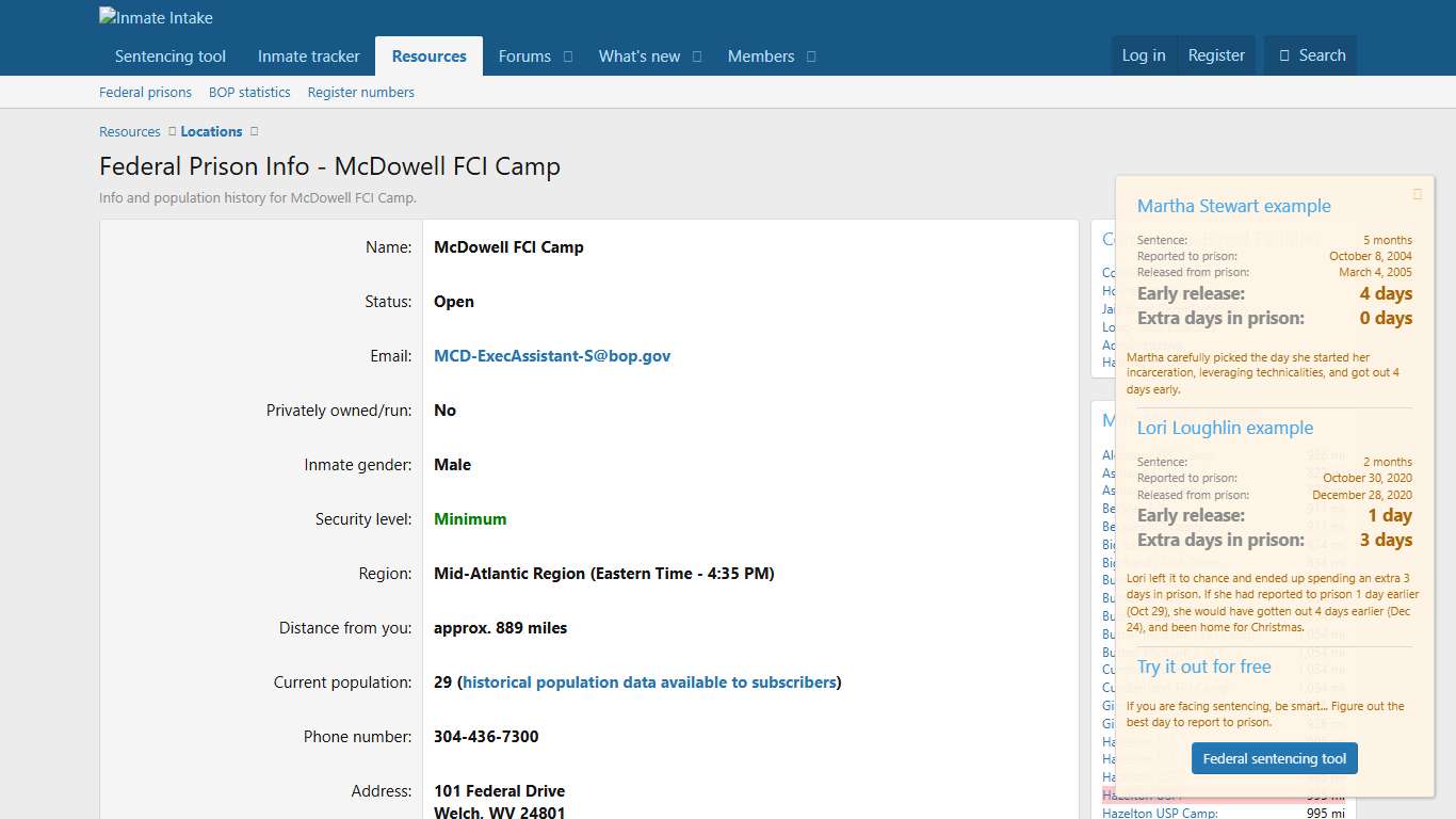 Federal Prison Info - McDowell FCI Camp Inmate Intake